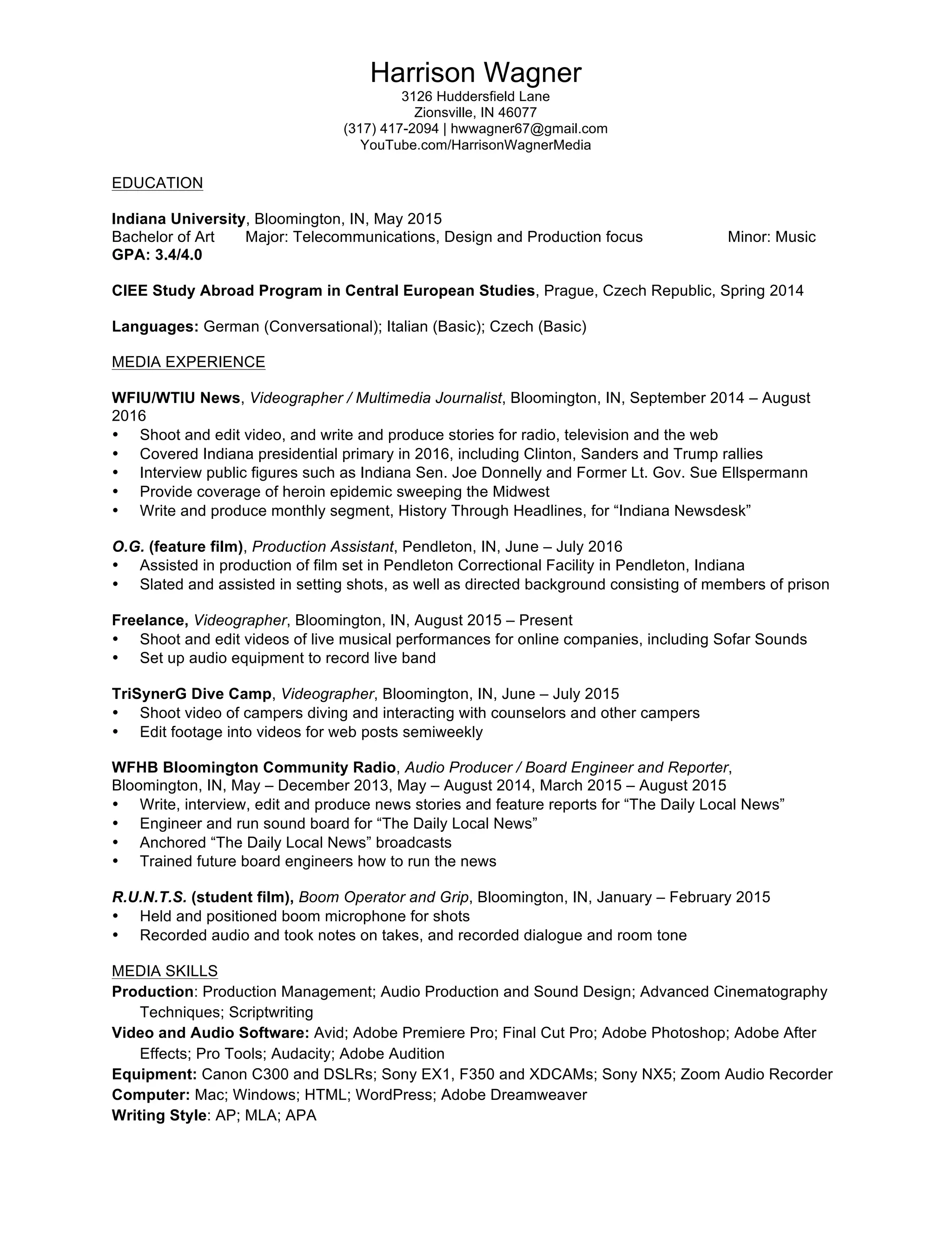 Harrison Wagner resume August 2016 PDF