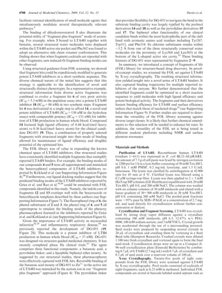 4708 Journal of Medicinal Chemistry, 2009, Vol. 52, No. 15 Davies et al.
facilitate rational identification of small molecule agents that
simultaneously modulate several therapeutically relevant
pathways.8
The binding of dihydroresveratrol 3 also illustrates the
potential utility of “fragment plus fragment” mode of screen-
ing. For example, when 3 bound to LTA4H together with
bestatin, several structural water molecules were displaced
within the LTA4H active site pocket and Phe362 was found to
adopt an alternative side chain rotamer conformation. This
finding shows that when fragment cocktails are repooled with
other fragments, new induced-fit fragment binding modes can
be observed.
Using structural guidance from FOL screening, we showed
that fragment hits could be expeditiously modified to generate
potent LTA4H inhibitors in a short synthetic sequence. The
diverse chemical nature of the initial hits suggests that this
strategy is applicable to the identification of novel and
structurally distinct chemotypes. In a representative example,
structural information from diverse active fragments was
combined to evolve a fragment hit 6 of very poor activity
(IC50=5.3 mM) in the peptidase assay into a potent LTA4H
inhibitor 18 (IC50=80 nM) in two synthetic steps. Fragment
hit 4 was derivatized in a single step to afford 14, a novel and
potent inhibitor of LTA4H (IC50=150 nM in the hydrolase
assay) with comparable potency (IC50=131 nM) for inhibi-
tion of LTB4 production in human whole blood. Compound
14 featured high ligand efficiency of 0.44 kcal/(mol3 heavy
atom) vs 0.36 kcal/(mol 3 heavy atom) for the clinical candi-
date DG-051 19. Thus, a combination of properly selected
fragments with structural insight into their mode of binding
allowed for maintenance of ligand efficiency and druglike
potential of the optimized hits.
The FOL library was of value in expanding the known
chemical space of LTA4H inhibitors. Our structural studies
have consistently identified multiple fragments that exemplify
reported LTA4H binders. For example, the binding modes of
our compounds 4 and 5 were all superimposed and mimicked
the benzoxyphenyl components of LTA4H inhibitors re-
ported by Kirkland et al. (see Supporting Information Figure
4).40
Furthermore, our ligand docking studies suggest that the
predicted binding modes of the LTA4H inhibitors reported by
Grice et al. and Rao et al.39,88
could be emulated with FOL
compounds identified in this study. Namely, the indole core of
fragments 12 and 13 overlaps well with the benzoxazole or
benzothiazole templates described by these authors (see Sup-
porting Information Figure 7). The fluorophenyl ring of 6, the
phenol substituent of 2 and 3, the phenyl ring of 4, and 5 all
superimpose to emulate the binding mode of the phenoxy
pharmacophore featured in the inhibitors reported by Grice
etal.andKirklandetal.(seeSupportingInformationFigure8).
Given the importance of LTA4H activity in myocardial
infarction28,29
and inflammatory respiratory disease,88
we
previously reported the development of DG-051 (19,
Figure 2S). This molecule is a potent inhibitor of LTB4
production in human whole blood (IC50=37 nM). DG-051
was designed via structure-guided medicinal chemistry. It has
recently completed phase IIa clinical trials.43
The agent
comprises three functional components: a butanoic acid, a
pyrrolidine linker, and a lipophilic biphenyl ether moiety. As
suggested by our structural studies, these pharmacophores
were effectively captured with FOL hits. Reversible binding of
the butanoic acid moiety of DG-051 to Zn2þ
in the active site
of LTA4H was mimicked by the acetate ion in our “fragment
plus fragment” approach (Figure 4). The pyrrolidine linker
thatprovidesflexibilityfor DG-051 tonavigatethe bend inthe
substrate binding cavity was largely typified by the prolinol
derivatives 14 and 18 as well as the pyrrolidine derivatives 15
and 17. The biphenyl ether functionality of our clinical
candidate binds within the most hydrophobic part of the cleft
lined with aromatic amino acid residues including Tyr267,
Trp311, and Phe314. Its chlorine substituent resides within
∼3.2 A˚ from one of the three structurally conserved water
molecules (in the proximity of Lys364 and Leu365) at the
bottom of the L-shaped active site cavity.43
These binding
features of DG-051 were represented by fragments 2-9.
In summary, we introduced a concept of fragments of life
(FOL) library for structure-based drug discovery. In proof-
of-concept studies, we screened the FOL set against LTA4H
by X-ray crystallography. The resulting structural informa-
tion yielded insight into a novel series of LTA4H binders. It
also captured binding trajectories for multiple reported in-
hibitors of the enzyme. We further demonstrated that the
identified fragments could be optimized in a short reaction
sequence to yield molecules with high ligand efficiency and
potent biological activity. The fragments and their derivatives
feature binding efficiency for LTA4H and surface efficiency
indices that match those of marketed drugs16
(see Supporting
Information Figure 9). Further studies are required to deter-
mine the versatility of the FOL library screening against
diverse target classes. It is likely that further chemical amend-
ments to this selection will be needed to enhance hit rates. In
addition, the versatility of the FOL set is being tested in
different readout platforms including NMR and surface
plasmon resonance.
Materials and Methods
Purification of LTA4H. Recombinant human LTA4H
(residues 1-611) was expressed in E. coli BL21-AI/pRARE.
An amount of 7.5 g of cell paste was lysed by nitrogen cavitation
at 2200 psi for 1 h in a lysis buffer consisting of 50 mM Tris-HCl,
pH 8.0, 1 mM PMSF, 0.2 mg/mL lysozyme, and 1.5 U/mL
benzonase. The lysate was clarified by centrifugation at 42 000
rpm for 45 min at 4 °C. Clarified lysate was filtered using a
0.2 μM syringe-top filter. Lysate was then applied to 2 Â 5 mM
HisTrap HP columns (GE Healthcare) equilibrated with 20 mM
Tris-HCl, pH 8.0, and 200 mM NaCl. The column was washed
with six column volumes of 30 mM imidazole and eluted with a
linear gradient of 30-300 mM imidazole in 20 mM Tris-HCl,
pH 8.0, containing 200 mM NaCl. The pooled peak fractions
were >95% pure by SDS-PAGE at a concentration of 2.7 mg/
mL and used directly for crystallization without further con-
centration or dialysis.
Crystallization and Fragment Screening. LTA4H was crystal-
lized by sitting drop vapor diffusion against a crystallant
containing 100 mM imidazole, pH 6.5, 12.67% w/v PEG-
8000, 100 mM sodium acetate, and 5 mM YbCl3. Crystal growth
was accelerated through the use of a microseeding protocol.
Seed stocks were prepared by suspending several crystals in
20 μL of crystallant and crushing them by vortexing in a Seed
Bead tube (Hampton Research). Crushed crystals were diluted
1:100 into fresh crystallant and vortexed again to form the final
seed stock. Crystallization drops were set up in a Compact Jr.
96-well crystallization plate (Emerald BioSystems) by combin-
ing 0.7 μL of LTA4H (2.7 mg/mL) with 0.7 μL of crystallant and
0.2 μL of seed stock over a reservoir volume of 100 μL.
X-ray Crystallography. Twenty-five pools of eight com-
pounds from the FOL library were screened against LTA4H
by X-ray crystallography. Pool stocks consisted of cocktails of
eight fragments, each at 6.25 mM in methanol. Individual FOL
compounds are stored in barcode labeled sealed septum vials as
 