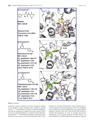 4696 Journal of Medicinal Chemistry, 2009, Vol. 52, No. 15 Davies et al.
numerous similar examples of natural molecules leading
to the design of drug candidates that modulate protein
activity.52-54
Evolutionary concepts of substrate ambiguity
and enzyme promiscuity suggest that many enzyme active
sites have evolved flexibility to transiently bind substrates
and products.55-58
We therefore decided to add heteroatom
derivatives and isosteres of natural molecules of life to our
fragment set. Termed “FOL-NatD”, these synthetic deriva-
tives or isosteres of natural molecules of life are anticipated
to be fortified with small modifications that could stabilize
binding to enzyme active sites. The current FOL-NatD set
includes 666 fragments. In order to emulate 3D protein
architecture and to further diversify the FOL library, we
have included a set of 445 synthetic biaryl molecules, many of
Figure 2. Continued
 