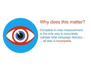 © comScore, Inc. Proprietary.
Why does this matter?
Complete in-view measurement
is the only way to accurately
validate total campaign delivery…
…all else is incomplete.
 