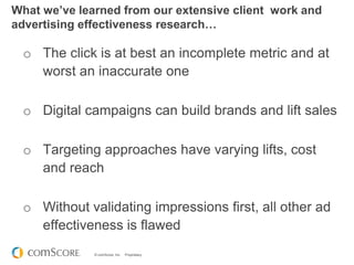 © comScore, Inc. Proprietary.
What we’ve learned from our extensive client work and
advertising effectiveness research…
o The click is at best an incomplete metric and at
worst an inaccurate one
o Digital campaigns can build brands and lift sales
o Targeting approaches have varying lifts, cost
and reach
o Without validating impressions first, all other ad
effectiveness is flawed
 