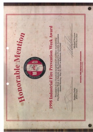 Honorable Mention Certificate from NFPA