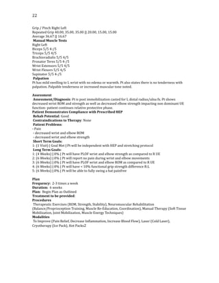 22
Grip / Pinch Right Left
Repeated Grip 40.00, 35.00, 35.00 || 20.00, 15.00, 15.00
Average 36.67 || 16.67
Manual Muscle Tests
Right Left
Biceps 5/5 4-/5
Triceps 5/5 4/5
Brachioradialis 5/5 4/5
Pronator Teres 5/5 4-/5
Wrist Extensors 5/5 4/5
Wrist Flexors 5/5 4/5
Supinator 5/5 4-/5
Palpation
Pt has mild swelling to L wrist with no edema or warmth. Pt also states there is no tenderness with
palpation. Palpable tenderness or increased muscular tone noted.
Assessment
Assessment/Diagnosis: Pt is post immobilization casted for L distal radius/ulna fx. Pt shows
decreased wrist ROM and strength as well as decreased elbow strength impacting non dominant UE
function- patient continues relative protective phase.
Patient Demonstrates Compliance with Prescribed HEP
Rehab Potential: Good
Contraindications to Therapy: None
Patient Problems:
- Pain
- decreased wrist and elbow ROM
- decreased wrist and elbow strength
Short Term Goals:
1: (1 Visit) | Goal Met | Pt will be independent with HEP and stretching protocol
Long Term Goals:
1: (4 Weeks) | 0% | Pt will have PLOF wrist and elbow strength as compared to R UE
2: (6 Weeks) | 0% | Pt will report no pain during wrist and elbow movements
3: (6 Weeks) | 0% | Pt will have PLOF wrist and elbow ROM as compared to R UE
4: (6 Weeks) | 0% | Pt will have < 10% functional grip strength difference R:L
5: (6 Weeks) | 0% | Pt will be able to fully swing a bat painfree
Plan
Frequency: 2-3 times a week
Duration: 6 weeks
Plan: Begin Plan as Outlined
Treatment to be provided:
Procedures
Therapeutic Exercises (ROM, Strength, Stability), Neuromuscular Rehabilitation
(Balance/Proprioception Training, Muscle Re-Education, Coordination), Manual Therapy (Soft Tissue
Mobilization, Joint Mobilization, Muscle Energy Techniques)
Modalities
To Improve (Pain Relief, Decrease Inflammation, Increase Blood Flow), Laser (Cold Laser),
Cryotherapy (Ice Pack), Hot Packs2
 