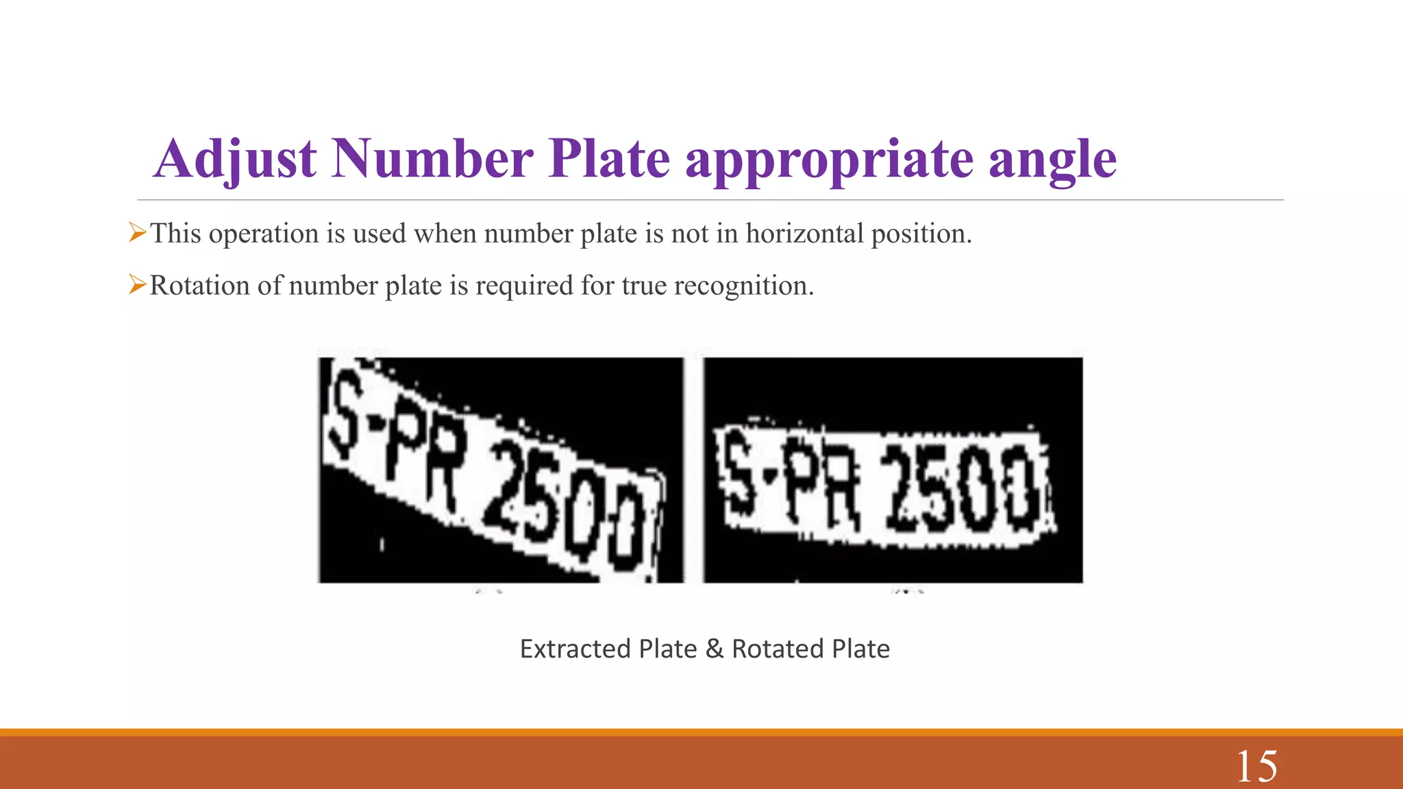 Adjust Number Plate appropriate angle
This operation is used when number plate is not in horizontal position.
Rotation of number plate is required for true recognition.
Extracted Plate & Rotated Plate
15
 