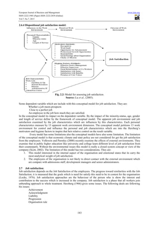 European Journal of Business and Management www.iiste.org
ISSN 2222-1905 (Paper) ISSN 2222-2839 (Online)
Vol.7, No.7, 2015
183
2.6.4 Dispositional job satisfaction model:
Fig. 2.2: Model for assessing job satisfaction.
Source: Lu et al., (2005).
Some dependent variable which are include with this conceptual model for job satisfaction. They are:

Whether a job meets prospects

Close to a perfect job

An employee in the job how much they are satisfied.
In the conceptual model its impact on the dependent variable. By the impact of the minority-status, age, gender
and length of service define by the framework of conceptual model. The apparent job environment and job
satisfaction examined by the job characteristics which are influences by this characteristics. Each personal
characteristics measure by 13 apparent work environment dimension. The conceptual model petitions 13 work
environment for control and influence the personal and job characteristics which are into the Herzberg’s
motivators and hygiene factors to inspire that heir relative control on the result variable.
Every model has some limitations also the conceptual models have also some limitation. The limitation
of the conceptual model is that economic climate and state policy are not considered for get the job satisfaction
from the employees. Volkwein and Parmley (2000) recently examine the effects of external environments. They
examine that in public higher education like university and college learn different level of job satisfaction from
their counterparts. Without the environmental issues this model is really a closed system concept or view of the
company (Scott, 2002). The limitation of this model has two considerations. They are:
1. This model interested in the internal aspect of the organisation and emotional states that its carry the
most analytical weight of job satisfaction.
2. The employees of the organisation is not likely to direct contact with the external environment which
are compare with admissions staff, development managers and senior administrators.
2.7 Job satisfaction:
Job satisfaction depends on the Job Satisfaction of the employees. The progress toward similarities with the Job
Satisfaction, it is measured that the goals which is need for satisfy this need to be in contest for the organisation
(Locke, 1976). Job satisfaction approaches are the behaviour of the person who is show the interest and
contribution to the success which is increased in the company. Job satisfaction is a phase that all workers join
unbending approach to whole treatment. Herzberg (1966) gives some issues. The following deals are following
his issues:

Achievement

Acknowledgment

Liability

Progression

Organisation rule
 