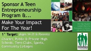 Sponsor A Teen
Entrepreneurship
Program &...
Make Your Impact
For The Year!
1° Target: (Ages 14-21 & Parents)
Charter, Public & Private High
Schools, Teen Clubs, Sports,
Community Colleges
 