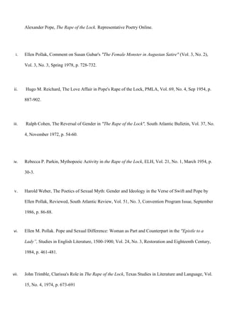 Alexander Pope, The Rape of the Lock. Representative Poetry Online.
i. Ellen Pollak, Comment on Susan Gubar's "The Female Monster in Augustan Satire" (Vol. 3, No. 2),
Vol. 3, No. 3, Spring 1978, p. 728-732.
ii. Hugo M. Reichard, The Love Affair in Pope's Rape of the Lock, PMLA, Vol. 69, No. 4, Sep 1954, p.
887-902.
iii. Ralph Cohen, The Reversal of Gender in "The Rape of the Lock", South Atlantic Bulletin, Vol. 37, No.
4, November 1972, p. 54-60.
iv. Rebecca P. Parkin, Mythopoeic Activity in the Rape of the Lock, ELH, Vol. 21, No. 1, March 1954, p.
30-3.
v. Harold Weber, The Poetics of Sexual Myth: Gender and Ideology in the Verse of Swift and Pope by
Ellen Pollak, Reviewed, South Atlantic Review, Vol. 51, No. 3, Convention Program Issue, September
1986, p. 86-88.
vi. Ellen M. Pollak. Pope and Sexual Difference: Woman as Part and Counterpart in the "Epistle to a
Lady”, Studies in English Literature, 1500-1900, Vol. 24, No. 3, Restoration and Eighteenth Century,
1984, p. 461-481.
vii. John Trimble, Clarissa's Role in The Rape of the Lock, Texas Studies in Literature and Language, Vol.
15, No. 4, 1974, p. 673-691
 