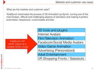 What are the markets and customer uses?
TotalSynch Automates the process of 3D Animated Lip-Synch, turning one of the
most broken, difﬁcult and challenging aspects of animation and making it perfect,
automated, inexpensive, customizable and fast.
www.TotalSynch.info
11© TotalSynch Inc. 2015, California. 
Markets and customer use cases
TotalSynch API
vector output as a
variable SAAS model 
 