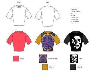 1785 C
Tee Shirt
100% Cotton
#1
8 -18
1-1-2-3-3-2
$10 (Cost)
$35 (Retail)
Funky Tie Dye
1245 C
Skull
Black C
Front Back
 