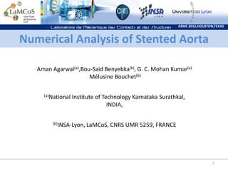 1
ASME 2012,HOUSTON,TEXAS
Numerical Analysis of Stented Aorta
Aman Agarwal(a),Bou-Said Benyebka(b), G. C. Mohan Kumar(a)
Mélusine Bouchet(b)
(a)National Institute of Technology Karnataka Surathkal,
INDIA,
(b)INSA-Lyon, LaMCoS, CNRS UMR 5259, FRANCE
 