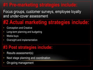#3 Post strategies include:
• Results assessment(s)
• Next stage planning and coordination
• On-going management
#1 Pre-marketing strategies include:
Focus groups, customer surveys, employee loyalty
and under-cover assessment
#2 Actual marketing strategies include:
• Conception and Creative
• Long-term planning and budgeting
• Media buys
• Oversight and implementation
 