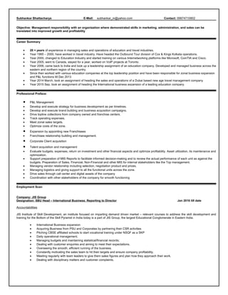 Subhankar Bhattacharya E-Mail: subhankar_in@yahoo.com Contact: 09874710802
Objective: Management responsibility with an organization where demonstrated skills in marketing, administration, and sales can be
translated into improved growth and profitability
Career Summary
• 20 + years of experience in managing sales and operations of education and travel industries.
• Year 1995 – 2000, have worked in travel industry. Have headed the Outbound Tour division of Cox & Kings Kolkata operations.
• Year 2000, changed to Education Industry and started training on various Internetworking platforms like Microsoft, ComTIA and Cisco.
• Year 2005, went to Canada, stayed for a year, worked on VoIP projects at Toronto.
• Year 2006, came back to India and took up a leadership assignment of an education company. Developed and managed business across the
eastern and northern region of the country.
• Since then worked with various education companies at the top leadership position and have been responsible for zonal business expansion
and P&L functions till Dec 2013
• Year 2014 March, took an assignment of heading the sales and operations of a Dubai based new age travel management company
• Year 2015 Sep, took an assignment of heading the International business expansion of a leading education company
Professional Preface:
• P&L Management
• Develop and execute strategy for business development as per timelines.
• Develop and execute brand building and business acquisition campaigns.
• Drive topline collections from company owned and franchise centers.
• Track operating expenses.
• Meet zonal sales targets.
• Optimize costs of the zone.
• Expansion by appointing new Franchisees
• Franchisee relationship building and management.
• Corporate Client acquisition
• Talent acquisition and management
• Evaluate budgets, expenses, return on investment and other financial aspects and optimize profitability. Asset utilization, its maintenance and
optimization.
• Support preparation of MIS Reports to facilitate informed decision-making and to review the actual performance of each unit as against the
budgets. Preparation of Sales, Financial, Non-Financial and other MIS for internal stakeholders like the Top management.
• Managing vendor relationship including selection, negotiation product and prices.
• Managing logistics and giving support to all the functional units across the zone.
• Drive sales through call center and digital assets of the company
• Coordination with other stakeholders of the company for smooth functioning
Employment Scan
Company: JIS Group
Designation: SBU Head – International Business. Reporting to Director Jan 2016 till date
Accountabilities
JIS Institute of Skill Development, an institute focused on imparting demand driven market – relevant courses to address the skill development and
training for the Bottom of the Skill Pyramid in India today is a part of JIS Group, the largest Educational Conglomerate in Eastern India.
• International Business expansion
• Acquiring Business from PSU and Corporates by partnering their CSR activities
• Pitching CBSE affiliated schools to start vocational training under NSQF as a SKP
• Daily operational management.
• Managing budgets and maintaining statistical/financial records;
• Dealing with customer enquiries and aiming to meet their expectations.
• Overseeing the smooth, efficient running of the business.
• Constantly motivating the sales team to hit their targets and ensure company profitability.
• Meeting regularly with team leaders to give them sales figures and plan how they approach their work.
• Dealing with disciplinary matters and customer complaints.
 