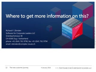 SCL_BankingInnovation_[EN]_20151226
Richard F. Zbinden
Software for Corporate Leaders LLC
Grienbachstrasse 38
CH-6300 Zug / Switzerland
phone +41 (0)41 761 9790, fax +41 (0)41 761 9794
email: rzbinden@complex-issues.ch
Where to get more information on this?
4 January 2016The new customer journey12
 