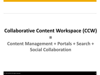 © 2011 SAP AG. All rights reserved. 8
Collaborative Content Workspace (CCW)
=
Content Management + Portals + Search +
Social Collaboration
 