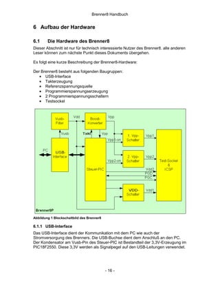Brenner8 Handbuch


6 Aufbau der Hardware

6.1     Die Hardware des Brenner8
Dieser Abschnitt ist nur für technisch interessierte Nutzer des Brenner8. alle anderen
Leser können zum nächste Punkt dieses Dokuments übergehen.

Es folgt eine kurze Beschreibung der Brenner8-Hardware:

Der Brenner8 besteht aus folgenden Baugruppen:
   • USB-Interface
   • Takterzeugung
   • Referenzspannungsquelle
   • Programmierspannungserzeugung
   • 2 Programmierspannungsschaltern
   • Testsockel




Abbildung 1 Blockschaltbild des Brenner8

6.1.1 USB-Interface
Das USB-Interface dient der Kommunikation mit dem PC wie auch der
Stromversorgung des Brenners. Die USB-Buchse dient dem Anschluß an den PC.
Der Kondensator am Vusb-Pin des Steuer-PIC ist Bestandteil der 3,3V-Erzeugung im
PIC18F2550. Diese 3,3V werden als Signalpegel auf den USB-Leitungen verwendet.




                                           - 16 -
 