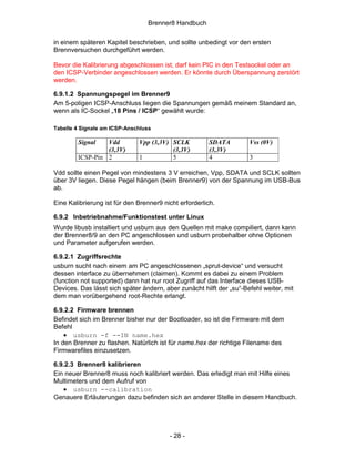 Brenner8 Handbuch

in einem späteren Kapitel beschrieben, und sollte unbedingt vor den ersten
Brennversuchen durchgeführt werden.

Bevor die Kalibrierung abgeschlossen ist, darf kein PIC in den Testsockel oder an
den ICSP-Verbinder angeschlossen werden. Er könnte durch Überspannung zerstört
werden.

6.9.1.2 Spannungspegel im Brenner9
Am 5-poligen ICSP-Anschluss liegen die Spannungen gemäß meinem Standard an,
wenn als IC-Sockel „18 Pins / ICSP“ gewählt wurde:

Tabelle 4 Signale am ICSP-Anschluss

        Signal   Vdd          Vpp (3,3V) SCLK          SDATA         Vss (0V)
                 (3,3V)                  (3,3V)        (3,3V)
        ICSP-Pin 2            1          5             4             3

Vdd sollte einen Pegel von mindestens 3 V erreichen, Vpp, SDATA und SCLK sollten
über 3V liegen. Diese Pegel hängen (beim Brenner9) von der Spannung im USB-Bus
ab.

Eine Kalibrierung ist für den Brenner9 nicht erforderlich.

6.9.2 Inbetriebnahme/Funktionstest unter Linux
Wurde libusb installiert und usburn aus den Quellen mit make compiliert, dann kann
der Brenner8/9 an den PC angeschlossen und usburn probehalber ohne Optionen
und Parameter aufgerufen werden.

6.9.2.1 Zugriffsrechte
usburn sucht nach einem am PC angeschlossenen „sprut-device“ und versucht
dessen interface zu übernehmen (claimen). Kommt es dabei zu einem Problem
(function not supported) dann hat nur root Zugriff auf das Interface dieses USB-
Devices. Das lässt sich später ändern, aber zunächt hilft der „su“-Befehl weiter, mit
dem man vorübergehend root-Rechte erlangt.

6.9.2.2 Firmware brennen
Befindet sich im Brenner bisher nur der Bootloader, so ist die Firmware mit dem
Befehl
    • usburn -f --IN name.hex
In den Brenner zu flashen. Natürlich ist für name.hex der richtige Filename des
Firmwarefiles einzusetzen.

6.9.2.3 Brenner8 kalibrieren
Ein neuer Brenner8 muss noch kalibriert werden. Das erledigt man mit Hilfe eines
Multimeters und dem Aufruf von
   • usburn --calibration
Genauere Erläuterungen dazu befinden sich an anderer Stelle in diesem Handbuch.




                                         - 28 -
 