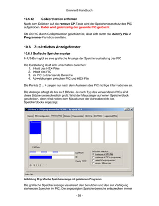 Brenner8 Handbuch

10.5.12       Codeprotection entfernen
Nach dem Drücken auf die remove CP-Taste wird der Speicherleseschutz des PIC
aufgehoben. Dabei wird gleichzeitig der gesamte PIC gelöscht.

Ob ein PIC durch Codeprotection geschützt ist, lässt sich durch die Identify PIC in
Programmer-Funktion ermitteln.


10.6      Zusätzliches Anzeigefenster
10.6.1 Grafische Speicheranzeige
In US-Burn gibt es eine grafische Anzeige der Speicherauslastung des PIC

Die Darstellung lässt sich umschalten zwischen:
   1. Inhalt des HEX-Files
   2. Inhalt des PIC
   3. im PIC zu brennende Bereiche
   4. Abweichungen zwischen PIC und HEX-File

Die Punkte 2 ... 4 zeigen nur nach dem Auslesen des PIC richtige Informationen an.

Die Anzeige erfolgt als bis zu 8 Blöcke. Je nach Typ des verwendeten PICs sind
diese Blöcke unterschiedlich groß. Wird der Mauszeiger auf einen Speicherblock
geschoben, dann wird neben dem Mauskursor der Adressbereich des
Speicherblocks angezeigt.




Abbildung 30 grafische Speicheranzeige mit geladenem Programm

Die grafische Speicheranzeige visualisiert den benutzten und den zur Verfügung
stehenden Speicher im PIC. Die angezeigten Speicherbereiche entsprechen immer

                                        - 58 -
 