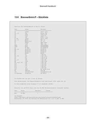 Brenner8 Handbuch




13.8    Brenner8mini-P – Stückliste



Partlist für Brenner8miniP r5 Silviu Layout

Part           Value                 Reichelt
====================================================
C1             220nF                 Z5U-5 220n
C2, C3         22p                   Kerko 22p
C4             10µF                  rad10/100
C5             47µF                  rad47/35
C6             1nF                   X7R-5 1,0n
C7,C8          100nF                 Z5U-5 100n
D1, D2         BAT43                 BAT 43
D3             BZX90-3,3             ZF 3,3
L1             680µH                 SMCC 680µ
L2             10µH                  SMCC 10µ
LED1           grün                  LED5mm2MAgn
LED2           gelb                  LED5mm2MAge
Q1             20 MHz                20-HC49U-S
Q2, Q3         BC338-25              BC338-25
Q4             BC328-25              BC328-25
Q5             BC328-25              BC328-25
Q6             BF959                 BF959
R1             1k                    1/4W 1K
R2, R3         10k                   1/4W 10K
R4             4k7                   1/4W 4,7K
R5             2k2                   1/4W 2,2K
R6, R7         10k                   1/4W 10K
R8             100k                  1/4W 100K
R9, R10, R11   10k                   1/4W 10K
R12            100                   1/4W 100
R13            100                   1/4W 100
R15            1 k                   1/4W 1K
R16            330                   1/4W 330
SV1            ICSP                  BL 1X10G 2,54
X2             USB-B-H               USB BW
IC1            PIC18F2550SP          PIC18F2550-I/SP
IC-Fassung     28-polig              GS 28P-S



Die Buchse SV1 ist auf 5 Pins zu kürzen.

Alle Widerstands- und Kapazitätswerte sind unkritisch (25%) außer R4, R5.

Es muß mindestens eine Firmware V 0.5 verwendet werden.


Anstelle von Q1+C2+C3 kann auch ein 20 MHz Keramikresonator verwendet werden:

Part     Value                Reichelt      Conrad
======================================================
Q1a      20 MHz                 -

Im Dokument
http://www.sprut.de/electronic/pic/projekte/brenner8/brenner8.pdf
beschreibe ich auch die Nutzung von Resonatoren mit z.B. 8 oder 12 MHz




                                              - 94 -
 