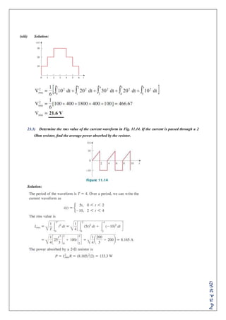 Page15of24(AZ)
(xiii) Solution:
23.3) Determine the rms value of the current waveform in Fig. 11.14. If the current is passed through a 2
Ohm resistor, ﬁnd the average power absorbed by the resistor.
Solution:
 