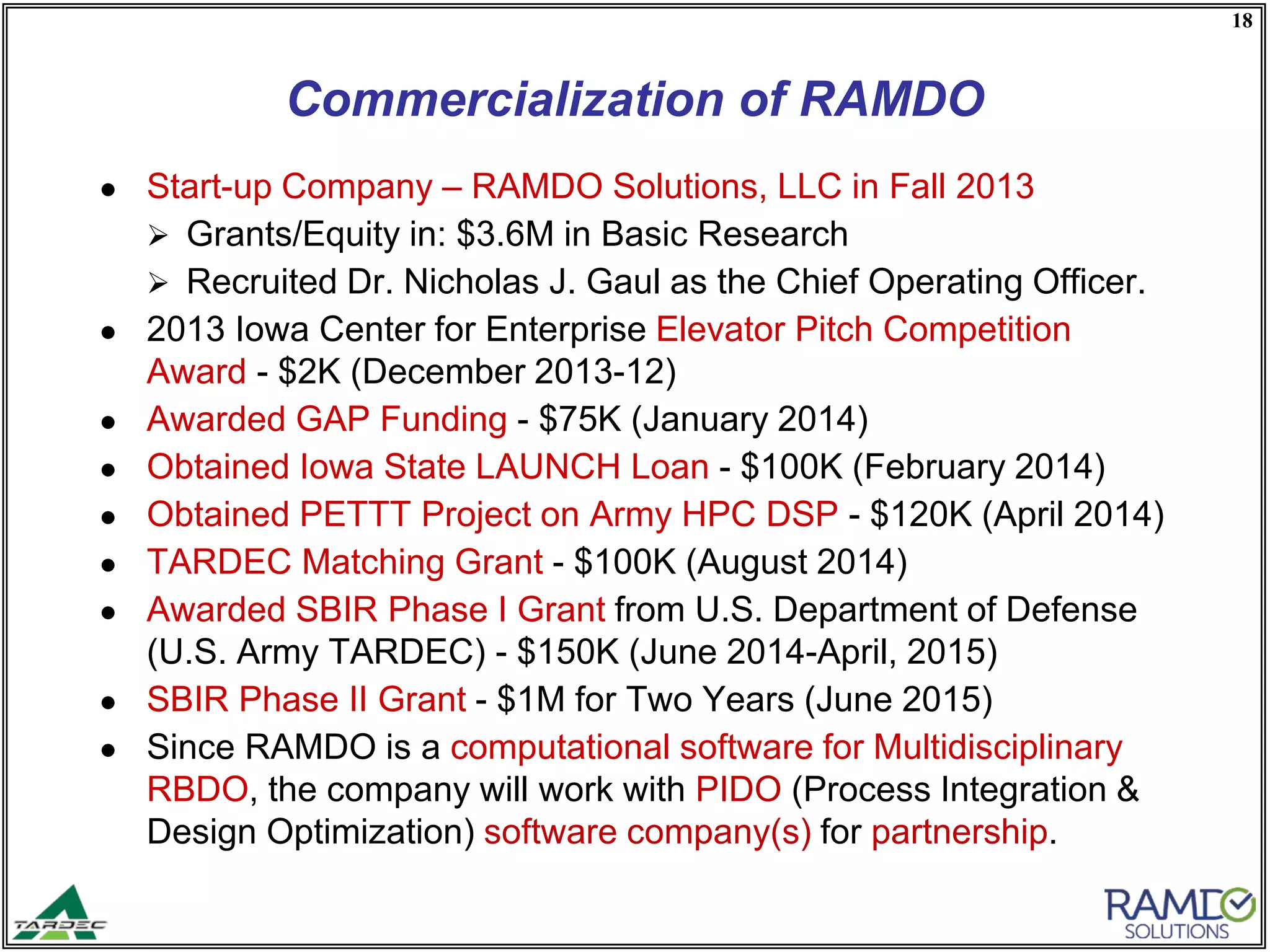 18
Commercialization of RAMDO
● Start-up Company – RAMDO Solutions, LLC in Fall 2013
 Grants/Equity in: $3.6M in Basic Research
 Recruited Dr. Nicholas J. Gaul as the Chief Operating Officer.
● 2013 Iowa Center for Enterprise Elevator Pitch Competition
Award - $2K (December 2013-12)
● Awarded GAP Funding - $75K (January 2014)
● Obtained Iowa State LAUNCH Loan - $100K (February 2014)
● Obtained PETTT Project on Army HPC DSP - $120K (April 2014)
● TARDEC Matching Grant - $100K (August 2014)
● Awarded SBIR Phase I Grant from U.S. Department of Defense
(U.S. Army TARDEC) - $150K (June 2014-April, 2015)
● SBIR Phase II Grant - $1M for Two Years (June 2015)
● Since RAMDO is a computational software for Multidisciplinary
RBDO, the company will work with PIDO (Process Integration &
Design Optimization) software company(s) for partnership.
 