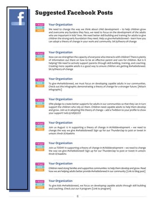 8
Suggested Facebook Posts
Your Organization
We need to change the way we think about child development – to help children grow
and overcome any burdens they face, we need to focus on the development of the adults
who are important in kids’ lives. We need better skill-building and training for adults to give
children the strong early foundation they need. Help us give #whatkidsneed – learn how you
can adopt a theory of change in your work and community. bit.ly/theory-of-change
Your Organization
How can we strengthen the capacity of everyone who interacts with children? There is plenty
of information out there on how to be an effective parent and care for children. But is it
helping? We need to actively support parents through skill-building, training, and coaching.
Creating more capable adults is a good way to ensure children are getting #whatkidsneed.
bit.ly/theory-of-change
Your Organization
To give #whatkidsneed, we must focus on developing capable adults in our communities.
Check out this infographic demonstrating a theory of change for a stronger future. [Attach
infographic]
Your Organization
I/We pledge to create better supports for adults in our communities so that they can in turn
support the children who rely on them. Children need capable adults to help them develop
and grow. Join us in adopting this theory of change – add a Twibbon to your profile to show
your support! twb.ly/1dQA7GV
Your Organization
Join us August 12 in supporting a theory of change in #childdevelopment – we need to
change the way we give #whatkidsneed! Sign up for our Thunderclap to post or tweet in
unison: thndr.it/16aekHx
Your Organization
Join us TODAY in supporting a theory of change in #childdevelopment – we need to change
the way we give #whatkidsneed! Sign up for our Thunderclap to post or tweet in unison:
thndr.it/16aekHx
Your Organization
Children need stong families and supportive communities to help them develop and grow. Read
how we are helping adults better provide #whatkidsneed in our community: [Link to blog post]
Your Organization
To give kids #whatkidsneed, we focus on developing capable adults through skill building
and coaching. Check out our X program: [Link to program]
 