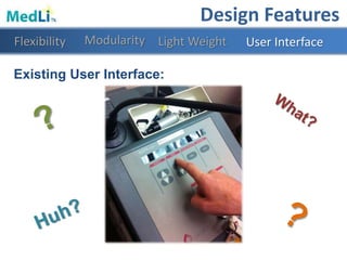 Existing User Interface:
Design Features
Modularity Light WeightFlexibility User Interface
 