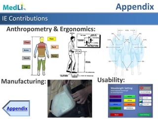 Appendix
IE Contributions
Anthropometry & Ergonomics:
Usability:Manufacturing:
Appendix
 