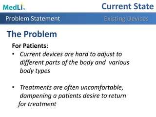 Current State
Problem Statement Existing Devices
For Patients:
• Current devices are hard to adjust to
different parts of the body and various
body types
• Treatments are often uncomfortable,
dampening a patients desire to return
for treatment
The Problem
 