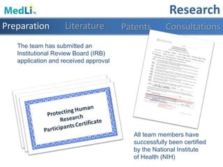 The team has submitted an
Institutional Review Board (IRB)
application and received approval
All team members have
successfully been certified
by the National Institute
of Health (NIH)
Preparation Literature ConsultationsPatents
Research
 