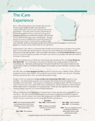 The iCare
Experience
Since 1994 Independent Care Health Plan (iCare)
has provided quality health care benefits to
eastern Wisconsin’s low income and special needs
population. Over the years we have experienced
tremendous growth as we continue in our goal of
delivering efficient and effective health care services
to our members through care coordination. We are
proud of our accomplishments and look forward to
continued success in a future where quality health
care benefits, optimum provider access and choice, and knowledge of community
resources creates strong, solid results for our members.
Independent Care offers a comprehensive health and social services program for people
ages 19 and older with special needs, who receive both Medicaid and Supplemental
Security Income (SSI) benefits. With over 8,000 members in the iCare Medicaid SSI program,
iCare is one of the largest providers of health care services for people with special needs in
the state of Wisconsin.
In 2007 we introduced our Medicare Advantage Special Needs Plan, the iCare Medicare
Plan HMO SNP. It is a managed care plan for people who dually qualify for Medicaid
and Medicare. Members participating in this plan benefit from the same model of care
as provided under our Medicaid SSI program but qualify for extra benefits covered under
Medicare.
We also offer the iCare BadgerCare Plus program for low-income childless adults, parents,
pregnant women and children. The program covers basic health care services, including
primary and preventive care, as well as prescription drugs.
Finally, in 2010 we added the iCare Family Care Partnership HMO SNP program to our
portfolio. Our Partnership program serves people with physical and developmental
disabilities and frail elders. The program is designed to enable people with have long-term
care needs receive care within their home environment, where experience demonstrates
better outcomes in comparison to nursing homes. There are also significant cost savings
involved when a person can avoid institutionalization.
We are taking the necessary steps to ensure iCare’s future growth and availability for our
members. We will continue the expansion of our care coordination model throughout
our service area to ensure that those with unique and complex medical, behavioral and
human service needs have access to quality health care services.
1994 - Joint venture between MCFI
and Humana forms iCare. Focus:
Providing access to care for those
with special needs.
*Dec. 1994 - 925 members
Dec. 1995 - 2,320 members
1996 - Emphasis on guiding
members to social service
programs.
Dec. 1996 - 2,441 members
Dec. 1997 - 3,170 members
1998 - Focus on evaluation of care
coordination model and
deliverables. Move to fully
capitated risk model.
Timeline
* Enrollment figures taken from Executive Monthly Enrollment Reports
 