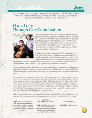 If a member finds that they cannot obtain proper care from their doctor,
they can count on their care coordinator to be an advocate on their
behalf. Members have extra clout with iCare.
Q u a l i t y
Through Care Coordination
Delivering quality health care services to individuals with
physical, mental or emotional disabilities is often challeng-
ing. Many of our members have more than one disability,
including problems with substance abuse and mental
illness. In addition, medical care for people with special
needs has often lacked preventive and chronic care
management, combined with the expertise needed to
manage multiple medications.
A study release by The National Minority Quality Forum
(The Forum) suggested that low-consuming Medicare FFS
beneficiaries with chronic diseases are more costly to the
program because they are more likely to under-manage
their disease, resulting in acute events that require costly emergency room visits and
hospitalizations. Gary Puckrein, PhD, President/CEO of the Forum stated;
“If we can identify these patients, who are under-managing their chronic condition put-
ting them at high-risk for disease complications, we can intervene to help these individ-
uals manage their disease more effectively, and, ultimately, reduce overall health care
costs.”
This is where iCare’s multiple levels of care coordination prevail. Independent Care uti-
lizes a care coordination model that helps caregivers when addressing disease process
issues, identifying and obtaining treatment for modifiable illnesses, avoiding futile inter-
ventions, improving outcomes and quality of care, and encouraging client participa-
tion in self-health management. As iCare collaborates with physician offices in helping
to ensure that members are compliant, we can work as a team with caregivers and
care providers to benefit the people we are serving.
When someone becomes a member of our iCare Medicaid SSI or iCare Medicare Plan
they are assigned a care coordinator or care manager according to their condition.
2004 - Enhanced care planning
and intervention management
process. State and iCare negotiate
a severity adjusted rate to reflect
member risk. Member satisfaction
over 97%.*
Dec. 2004 - 6,045 members
2005 - State SSI expansion and
introduction of competitors.
Mandatory enrollment. Staff level
adjustment to service growing
membership. Member satisfaction
stands at 96.9%.*
Dec. 2005 - 8,328 members
Timeline
13
 