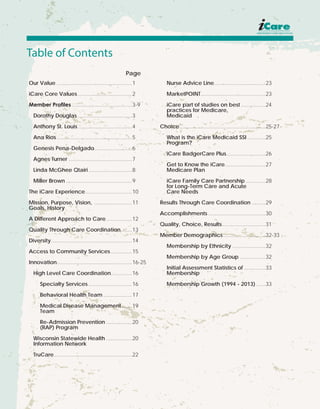 Our Value...................................................1
iCare Core Values.....................................2
Member Profiles.........................................3-9
Dorothy Douglas.....................................3
Anthony St. Louis.....................................4
Ana Rios...................................................5
Genesis Pena-Delgado..........................6
Agnes Turner...........................................7
Linda McGhee Qtairi..............................8
Miller Brown.............................................9
The iCare Experience................................10
Mission, Purpose, Vision, ..........................11
Goals, History
A Different Approach to Care..................12
Quality Through Care Coordination........13
Diversity.......................................................14
Access to Community Services...............15
Innovation...................................................16-25
High Level Care Coordination...............16
Specialty Services..............................16
Behavioral Health Team....................17
Medical Disease Management........19
Team
Re-Admission Prevention..................20
(RAP) Program
Wisconsin Statewide Health..................20
Information Network
TruCare.....................................................22
Nurse Advice Line...................................23
MarketPOINT............................................23
iCare part of studies on best.................24
practices for Medicare,
Medicaid
Choice..........................................................25-27
What is the iCare Medicaid SSI.............25
Program?
iCare BadgerCare Plus..........................26
Get to Know the iCare...........................27
Medicare Plan
iCare Family Care Partnership..............28
for Long-Term Care and Acute
Care Needs
Results Through Care Coordination..........29
Accomplishments.......................................30
Quality, Choice, Results.............................31
Member Demographics.............................32-33
Membership by Ethnicity.......................32
Membership by Age Group..................32
Initial Assessment Statistics of...............33
Membership
Membership Growth (1994 - 2013).......33
Table of Contents
Page
 