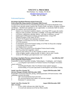 VINCENT J. PRESCHER
9636 Redman Ave. Omaha, NE 68134
vincentprescher@gmail.com
Cellular 402-201-8086
Professional Experience
Boehringer Ingelheim Pharmaceuticals-Eastern NE Jan 2006-Present
Professional Sales Representative II (January 2008-Present)
Created and executed severalcross-functional launch plans across diverse therapeutic areas.
Excelled at new specialty product launches like Pradaxa,Stiolto and Spiriva Respimat, Jardiance
and Mirapex. Identified and capitalized on new opportunities to consistently build the market,
identify new patients, and exceed sales goals. .
 Initiated cross-functional respiratory initiative at two large IDN’s to grow the market
 Improved order set position and product availability across large IDN EMR systems
 Led District collaboration planning initiative with large revolutionary account
 Implemented COPD protocol redesign and implementation at large IDN
 National President’s Club winner for 2013
 Ranked #1/64 Regional Goal attainment for Q3 2013
 #1 Regional Award winner for Own The Transition contest
 107% Q4 attainment
 #1/20 Regional and #2/418 National ranking in Go Wide Go Deep sales campaign
 #1/64 Regional Webcast execution
 #1/5 District launch execution
 ONLY PSR to earn perfect scores throughout Pradaxa launch training
 Won Exacerbate the Competition contest
 Improved sales rank by 25% in only 6 months in entirely new territory
 Achieved highest quintile ranking possible for Spiriva sales in only 8 months
 Achieved 10% Mirapex goal improvement over 3 month period
Boehringer-Ingelheim Pharmaceuticals-Omaha, NE Jan 2006-Dec 2007
Professional Sales Representative
Responsible for sales to specialists including Pulmonologists, Cardiologists, and Urologists.
 1 of 2 Regional representatives to National American Neurological Association
annual conference
 Voted Regional Rookie of the Year Runner-Up by regional managers
 Earned ranking of Exceeds Expectations in both Regional and National Training
Suzuki Auto Plex-Lincoln, NE August 2004-December 2005
Internet Manager (October 2005-December 2005)
Responsible for personal inspection, pricing, and lead generation of 60 unit inventory while
maintaining personal sales goals.
 100 % increased internet lead conversion
 50% increased internet lead volume over previous manager
 Maintained #1 salesman status
Suzuki Auto Plex-Lincoln, NE August 2004-December 2005
Sales Associate
 #1 new vehicle salesman since initial hire date
 #1 overall unit salesman ten of the last fifteen months
 