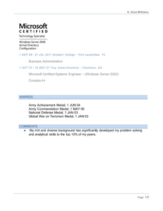 K. Alan Williams
Page 10
1 SEP 09— 31 JUL 2011 Broward College - Fort Lauderdale, FL
Business Administration
1 OCT 01— 15 DEC 01 Troy State University - Columbus, GA
Microsoft Certified Systems Engineer – (Windows Server 2003)
Comptia A+
AWARDS
Army Achievement Medal, 1 JUN 04
Army Commendation Medal, 1 MAY 06
National Defense Medal, 1 JAN 03
Global War on Terrorism Medal, 1 JAN 03
COMMENTS
 My rich and diverse background has significantly developed my problem solving
and analytical skills to the top 10% of my peers.
 