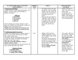 II. LESSON BODY-SKILL (CONCEPT)
DEVELOPMENT
APPROX.
TIME
FOCUS ORGANIZATION
DIAGRAM
A. Group Circle: Dribbling
- Students will form a circle around the instructor. The
instructor will then explain proper technique of
dribbling a basketball
Skill Cues
1. Knees Bent
2. Eyes Forward
3. Soft Palms
4. Ball Low
-After the students have received instruction of the
proper way to dribble, have them practice on their own
standing in their own personal space.
*Modification: If the students are performing with
ease have them switch to their non-dominant hand.
B. Dribbling Basketball Cone Course
-Students will be divided into four separate groups of
three. Four cone courses will be set up on on four
corners of the activity space.
-The students will then start behind the first cone. On
my signal the students will dribble the basketball
around the cones on the course.
*May walk or jog while dribbling as long as
students remain in control.
-After the first student goes, the next person in line will
receive the ball and perform the activity.
Rotation of Course
1. Dominant Hand
2. Non-Dominant Hand
3. Jogging While Dribbling
5 min.
8 min.
- The students will receive vital
information on how to dribble
standing still. This ensures that
everyone will be on the same
level going into the next
activity.
- Make sure that each student is
comfortable before moving on
to the next activity. If someone
is struggling, allow more time
for this activity, because the
next activity take the step
further.
- Students will be forced to
challenge themselves as they
will be dribbling while moving
in this activity.
- The activity will progressively
get harder as I will ask them to
use their non dominant hand,
and jog while the dribble around
the cone course.
- STAY UNDER CONTROL
AT ALL TIMES
- Students will form a
circle in the center of the
activity space
- The instructor will
position himself in the
middle of the students to
ensure that each student
can see demonstrations.
- Cone courses will be set
up on all four corners of
the activity space. (If
space permits make an
extra station)
- No more than three per
station (Maximum
Participation)
- The instructor will
position himself on the
perimeter of the two
outermost stations to
ensure that everyone is
in clear sight.
 