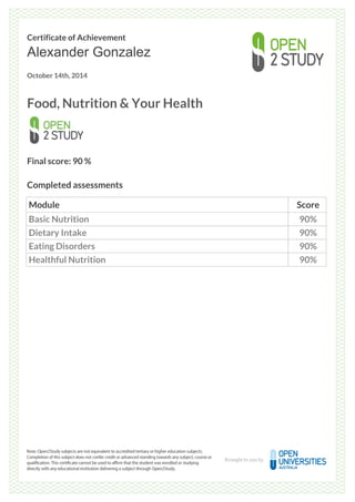 Certificate of Achievement
Alexander Gonzalez
October 14th, 2014
Food, Nutrition & Your Health
Final score: 90 %
Completed assessments
Module Score
Basic Nutrition 90%
Dietary Intake 90%
Eating Disorders 90%
Healthful Nutrition 90%
Powered by TCPDF (www.tcpdf.org)
 