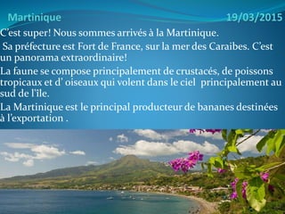 C’est super! Nous sommes arrivés à la Martinique.
Sa préfecture est Fort de France, sur la mer des Caraibes. C’est
un panorama extraordinaire!
La faune se compose principalement de crustacés, de poissons
tropicaux et d’ oiseaux qui volent dans le ciel principalement au
sud de l'île.
La Martinique est le principal producteur de bananes destinées
à l’exportation .
 