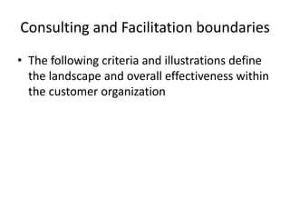 Consulting and Facilitation boundaries
• The following criteria and illustrations define
the landscape and overall effectiveness within
the customer organization
 
