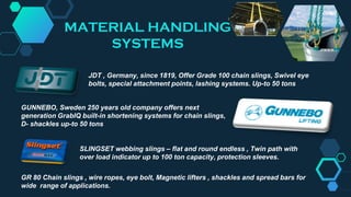 MATERIAL HANDLING
SYSTEMS
JDT , Germany, since 1819, Offer Grade 100 chain slings, Swivel eye
bolts, special attachment points, lashing systems. Up-to 50 tons
GUNNEBO, Sweden 250 years old company offers next
generation GrabIQ built-in shortening systems for chain slings,
D- shackles up-to 50 tons
SLINGSET webbing slings – flat and round endless , Twin path with
over load indicator up to 100 ton capacity, protection sleeves.
GR 80 Chain slings , wire ropes, eye bolt, Magnetic lifters , shackles and spread bars for
wide range of applications.
 