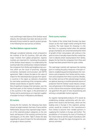 45
nues and foreign trade balance of the Serbian wood
industry, the estimates have been derived as to the
demand of local market for specific product groups
in the following five-year period, as follows:
The West Balkans regional markets
Although considered relatively small compared to
the markets of the EU countries, USA and other
major markets from global perspective, regional
markets are important for marketing the products
of the Serbian wood industry. It is evidenced by the
existing trade links and business relations between
the companies from Serbia and neighbouring coun-
tries which are the result of proximity, language
similarities, facilitated communication and CEFTA
agreement. Table 4 shows the data on the value of
import for the selected product groups from specif-
ic countries in the region as indicators of potential
for even better positioning of the companies within
Serbian wood industry on specific markets.
One of significant changes that took place, over the
last three years on the market of wooden furniture
in the countries in the region, is the penetration of
Turkey and its positioning as an important supplier
of wooden furniture in Macedonia and Albania.
EU markets
Among the EU markets, the following have been
chosen as target markets: Germany, France and the
Netherlands, because they represent large import-
ers of the selected product categories on the one
hand, and because of the existing commercial ties
and diaspora, on the other. Table 5 shows the data
regarding the value of import for the selected prod-
uct groups in these countries.
Third-country markets
The market of the United Arab Emirates has been
chosen as the main target market among the third
countries. The main reason for choosing it is the
fact that it is a growing market when the selected
groups of products are concerned and that the trend
of growth of their consumption will continue in the
years to come. It actually means that this market has
room to absorb certain wood products from Serbia,
despite the fact that the companies from China and
Europe have been present there for quite a while.
The said target markets will represent the starting
point in creating the policy measures in the part re-
lated to establishing partnership between the insti-
tutions and companies from Serbia and the institu-
tions and companies from these countries. Besides,
the number and size of the selected target markets
are optimal, bearing in mind the potential volume of
production that the Serbian wood industry compa-
nies will generate in the following ten years, as well
as the criterion that excessive market dispersion is
not good from the point of view of positioning and
winning a considerable market segment.
As regards impregnated products of fir-wood, by
establishing strategic partnership with the com-
panies from Austria and Germany, which are the
leading ones in Europe in this segment, prereq-
uisites would be created for the manufacturers
from Serbia to become their reliable partners in
supplying the markets in Europe and further. The
possibilities of increasing the level of finishing of
the initial material and the export of products with
added value, through this type of programme, are
almost unlimited.
 