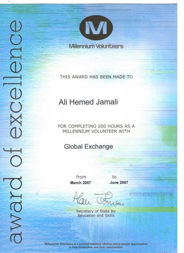 millenium volunteers certificate