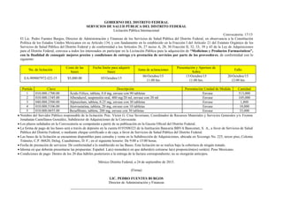 GOBIERNO DEL DISTRITO FEDERAL
SERVICIOS DE SALUD PÚBLICA DEL DISTRITO FEDERAL
Licitación Pública Internacional
Convocatoria: 17/15
El Lic. Pedro Fuentes Burgos, Director de Administración y Finanzas de los Servicios de Salud Pública del Distrito Federal, en observancia a la Constitución
Política de los Estados Unidos Mexicanos en su Artículo 134, y con fundamento en lo establecido en la Fracción I del Artículo 21 del Estatuto Orgánico de los
Servicios de Salud Pública del Distrito Federal y de conformidad a los Artículos 26, 27 inciso A, 28, 30 Fracción II, 32, 33, 39 y 43 de la Ley de Adquisiciones
para el Distrito Federal, convoca a todos los interesados en participar en la Licitación Pública para la adquisición de “Medicinas y Productos Farmacéuticos”,
con la finalidad de conseguir mejores precios y condiciones de entrega y/o prestación de servicios por parte de los proveedores, de conformidad con lo
siguiente:
No. de licitación
Costo de las
bases
Fecha límite para adquirir
bases
Junta de aclaraciones
Presentación y Apertura de
Sobre
Fallo
EA-909007972-I22-15 $5,000.00 05/Octubre/15
06/Octubre/15
11:00 hrs
13/Octubre/15
11:00 hrs.
20/Octubre/15
12:00 hrs
Partida Clave Descripción Presentación Unidad de Medida Cantidad
1 010.000.1700.00 Ácido Fólico, tableta, 0.4 mg, envase con 90 tabletas Envase 513,000
2 010.000.1345.00 Albendazol, suspensión oral, 400 mg/20 ml, envase con 20 ml Envase 105,000
3 040.000.2500.00 Alprazolam, tableta, 0.25 mg, envase con 30 tabletas Envase 1,800
4 010.000.5106.00 Atorvastatina, tableta, 20 mg, envase con 10 tabletas Envase 10,000
5 010.000.0655.00 Bezafibrato, tableta, 200 mg, envase con 30 tabletas Envase 33,000
 Nombre del Servidor Público responsable de la licitación: Psic. Víctor G. Cruz Severiano, Coordinador de Recursos Materiales y Servicios Generales y/o Fromm
Jonahatan Castellanos González, Subdirector de Adquisiciones de la Convocante.
 Los plazos señalados en la Convocatoria se computarán a partir de su publicación en la Gaceta Oficial del Distrito Federal.
 La forma de pago de las bases será a través de depósito en la cuenta 0193508323 de la Institución Bancaria BBVA Bancomer, S. A., a favor de Servicios de Salud
Pública del Distrito Federal, o mediante cheque certificado o de caja, a favor de Servicios de Salud Pública del Distrito Federal.
 Las bases de la licitación se encuentran disponibles para consulta y venta en la Subdirección de Adquisiciones, ubicada en Xocongo No. 225, tercer piso, Colonia
Tránsito, C.P. 06820, Deleg. Cuauhtémoc, D. F.; en el siguiente horario: De 9:00 a 15:00 horas.
 Fecha de prestación de servicios: De conformidad a lo establecido en las Bases. Esta licitación no se realiza bajo la cobertura de ningún tratado.
 Idioma en que deberán presentarse las propuestas: Español. La(s) moneda(s) en que deberá(n) cotizarse la(s) proposición(es) será(n): Peso Mexicano.
 Condiciones de pago: Dentro de los 20 días hábiles posteriores a la entrega de la factura correspondiente; no se otorgarán anticipos.
México Distrito Federal, a 24 de septiembre de 2015.
(Firma)
LIC. PEDRO FUENTES BURGOS
Director de Administración y Finanzas
 