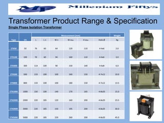 Type VA
Measurement (mm) Weight
L L H W H W Max H Max Hole Ø Kg
1TX50 50 76 60 64 120 110 4-4x6 2.0
1TX100 100 76 60 94 160 110 4-4x6 3.0
1TX300 300 114 100 90 150 140 4-6x8 6.0
1TX500 500 133 100 100 160 150 4-7x12 10.0
1TX800 800 133 100 100 180 150 4-7x12 13.5
1TX1000 1000 150 100 140 170 165 4-8x20 15.0
1TX2000 2000 220 185 120 160 200 4-8x20 23.5
1TX3000 3000 220 185 150 195 200 4-8x20 30.0
1TX5000 5000 220 185 220 260 200 4-8x20 45.0
Transformer Product Range & Specification
Single Phase Isolation Transformer
 