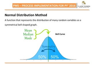 PMS – PROCESS IMPLEMENTATION FOR PY’ 2016PMS – PROCESS IMPLEMENTATION FOR PY’ 2016
Normal Distribution Method
A function that represents the distribution of many random variables as a
symmetrical bell shaped graph.
Bell Curve
 