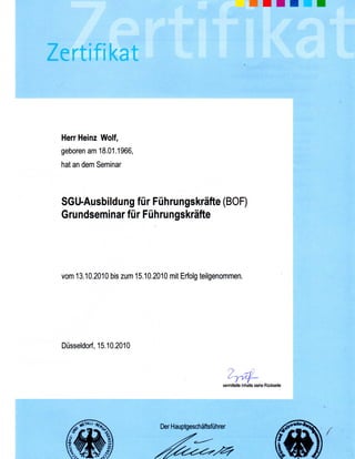 Heinz Wolf certificate 12