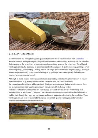 12
2.11. REINFORCEMENT:
Reinforcement is a strengthening of a specific behaviour due to its association with a stimulus.
Reinforcement is an important part of operator instrumental conditioning. A reinforce is the stimulus
that strengthens the behaviour, in contrast to punishment that weakens the behaviour. The effect of
reinforcement may be measured as an increase in the frequency of its expression (e.g., pulling a lever
more frequently), duration (e.g., pulling a lever for longer periods of time), magnitude (e.g., pulling a
lever with greater force), or decrease in latency (e.g., pulling a lever more quickly following the
onset of an environmental event).
Although in many cases a reinforcing stimulus is a rewarding stimulus which is "valued" or "liked"
by the individual (e.g., money received from a slot machine, the taste of the treat,
the euphoria produced by an addictive drug), this is not a requirement. Indeed, reinforcement does
not even require an individual to consciously perceive an effect elicited by the
stimulus. Furthermore, stimuli that are "rewarding" or "liked" are not always reinforcing: if an
individual eats at McDonald's (response) and likes the taste of the food (stimulus), but believes it is
bad for their health, they may not eat it again and thus it was not reinforcing in that condition. Thus,
reinforcement can only be assumed if there is a causal link (positive or negative) between the
stimulus and the enhancement of behaviour.
 
