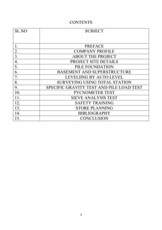 3
CONTENTS
SL.NO SUBJECT
1. PREFACE
2. COMPANY PROFILE
3. ABOUT THE PROJECT
4. PROJECT SITE DETAILS
5. PILE FOUNDATION
6. BASEMENT AND SUPERSTRUCTURE
7. LEVELIING BY AUTO LEVEL
8. SURVEYING USING TOTAL STATION
9. SPECIFIC GRAVITY TEST AND PILE LOAD TEST
10. PYCNOMETER TEST
11. SIEVE ANALYSIS TEST
12. SAFETY TRAINING
13. STORE PLANNING
14. BIBLIOGRAPHY
15. CONCLUSION
 