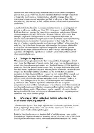 their children were more involved in their children’s education and development
(Sacker et al., 2002). Moreover, parental aspirations had much stronger associations
with parental involvement as children reached school-leaving age. Thus, the
relationship between parents’ aspirations and their involvement in their children’s
education may grow stronger as their children near the realisation of their educational
destinations.
A number of studies have also examined parental aspirations as one component of
parental involvement (see Fan and Chen, 2001, for a review; Singh et al., 1995).
Evidence, however, suggests that parental involvement and aspirations are distinct
dimensions of parenting with differential effects on children’s achievement. For
example, Singh et al. (1995) presented evidence that parental aspirations for
children’s education had the strongest association with children’s achievement among
all the dimensions of parental involvement examined in their study. In a meta-
analysis of studies examining parental involvement and children’s achievement, Fan
and Chen (2001) also found that parents’ aspirations had the strongest relationship
with children’s achievement in comparison with parental involvement, parental
supervision and parent-child communication. These findings further highlight the
significant role of parental aspirations on children’s achievement, independent of
other parenting behaviours.
4.3 Changes in Aspirations
Most parents have high aspirations for their young children. For example, a British
study found that 92 per cent of parents wanted their seven-year-old children to stay in
school after the minimum school-leaving age (Bond and Saunders, 1999). As children
grow older, however, parental aspirations are likely to change. The researchers found
that there was no significant correlation between parents’ aspirations for their children
at age 7 and those expressed four years later, and the stability between parents’
aspirations for their children at 11 and 16 years was only modest. Other research also
indicates parents’ aspirations for their children may become less idealistic as their
children reach school-leaving age as a result of economic constraints (Sacker et al.,
2002). These findings relate to the theory of Circumscription and Compromise
(Gottfredson, 1981). Parents’ aspirations for their children are likely to be
compromised as their children mature because of expectations about the constraints of
their financial situation as well as their perceptions of their children’s abilities and the
availability of opportunities. These changes may be especially relevant for families
facing financial difficulties, yet little research has examined how changes in parental
aspirations vary across different groups.
5. Influences: What individual factors influence the
aspirations of young people?
“How beautiful is youth! How bright it gleams with its illusions, aspirations, dreams!
Book of Beginnings, Story without End, Each maid a heroine, and each man a
friend!” Henry Wadsworth Longfellow, poet
Recently, there has been concern about the lack of ambition among young people
coming of age. Negative views about schooling and the cult of the celebrity have been
cited as possible reasons for limited educational and career aspirations. In a survey
10
 