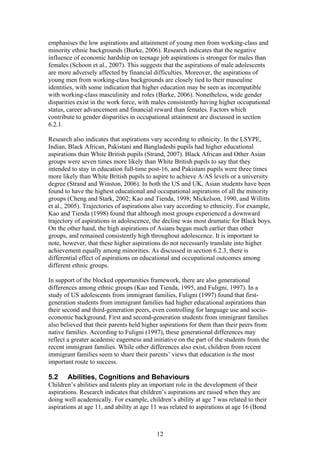 emphasises the low aspirations and attainment of young men from working-class and
minority ethnic backgrounds (Burke, 2006). Research indicates that the negative
influence of economic hardship on teenage job aspirations is stronger for males than
females (Schoon et al., 2007). This suggests that the aspirations of male adolescents
are more adversely affected by financial difficulties. Moreover, the aspirations of
young men from working-class backgrounds are closely tied to their masculine
identities, with some indication that higher education may be seen as incompatible
with working-class masculinity and roles (Burke, 2006). Nonetheless, wide gender
disparities exist in the work force, with males consistently having higher occupational
status, career advancement and financial reward than females. Factors which
contribute to gender disparities in occupational attainment are discussed in section
6.2.1.
Research also indicates that aspirations vary according to ethnicity. In the LSYPE,
Indian, Black African, Pakistani and Bangladeshi pupils had higher educational
aspirations than White British pupils (Strand, 2007). Black African and Other Asian
groups were seven times more likely than White British pupils to say that they
intended to stay in education full-time post-16, and Pakistani pupils were three times
more likely than White British pupils to aspire to achieve A/AS levels or a university
degree (Strand and Winston, 2006). In both the US and UK, Asian students have been
found to have the highest educational and occupational aspirations of all the minority
groups (Cheng and Stark, 2002; Kao and Tienda, 1998; Mickelson, 1990, and Willitts
et al., 2005). Trajectories of aspirations also vary according to ethnicity. For example,
Kao and Tienda (1998) found that although most groups experienced a downward
trajectory of aspirations in adolescence, the decline was most dramatic for Black boys.
On the other hand, the high aspirations of Asians began much earlier than other
groups, and remained consistently high throughout adolescence. It is important to
note, however, that these higher aspirations do not necessarily translate into higher
achievement equally among minorities. As discussed in section 6.2.3, there is
differential effect of aspirations on educational and occupational outcomes among
different ethnic groups.
In support of the blocked opportunities framework, there are also generational
differences among ethnic groups (Kao and Tienda, 1995, and Fuligni, 1997). In a
study of US adolescents from immigrant families, Fuligni (1997) found that first-
generation students from immigrant families had higher educational aspirations than
their second and third-generation peers, even controlling for language use and socio-
economic background. First and second-generation students from immigrant families
also believed that their parents held higher aspirations for them than their peers from
native families. According to Fuligni (1997), these generational differences may
reflect a greater academic eagerness and initiative on the part of the students from the
recent immigrant families. While other differences also exist, children from recent
immigrant families seem to share their parents’ views that education is the most
important route to success.
5.2 Abilities, Cognitions and Behaviours
Children’s abilities and talents play an important role in the development of their
aspirations. Research indicates that children’s aspirations are raised when they are
doing well academically. For example, children’s ability at age 7 was related to their
aspirations at age 11, and ability at age 11 was related to aspirations at age 16 (Bond
12
 
