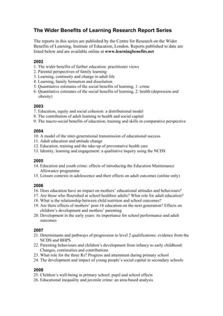 The Wider Benefits of Learning Research Report Series
The reports in this series are published by the Centre for Research on the Wider
Benefits of Learning, Institute of Education, London. Reports published to date are
listed below and are available online at www.learningbenefits.net
2002
1. The wider benefits of further education: practitioner views
2. Parental perspectives of family learning
3. Learning, continuity and change in adult life
4. Learning, family formation and dissolution
5. Quantitative estimates of the social benefits of learning, 1: crime
6. Quantitative estimates of the social benefits of learning, 2: health (depression and
obesity)
2003
7. Education, equity and social cohesion: a distributional model
8. The contribution of adult learning to health and social capital
9. The macro-social benefits of education, training and skills in comparative perspective
2004
10. A model of the inter-generational transmission of educational success
11. Adult education and attitude change
12. Education, training and the take-up of preventative health care
13. Identity, learning and engagement: a qualitative inquiry using the NCDS
2005
14. Education and youth crime: effects of introducing the Education Maintenance
Allowance programme
15. Leisure contexts in adolescence and their effects on adult outcomes (online only)
2006
16. Does education have an impact on mothers’ educational attitudes and behaviours?
17. Are those who flourished at school healthier adults? What role for adult education?
18. What is the relationship between child nutrition and school outcomes?
19. Are there effects of mothers’ post-16 education on the next generation? Effects on
children’s development and mothers’ parenting
20. Development in the early years: its importance for school performance and adult
outcomes
2007
21. Determinants and pathways of progression to level 2 qualifications: evidence from the
NCDS and BHPS
22. Parenting behaviours and children’s development from infancy to early childhood:
Changes, continuities and contributions
23. What role for the three Rs? Progress and attainment during primary school
24. The development and impact of young people’s social capital in secondary schools
2008
25. Children’s well-being in primary school: pupil and school effects
26. Educational inequality and juvenile crime: an area-based analysis
 